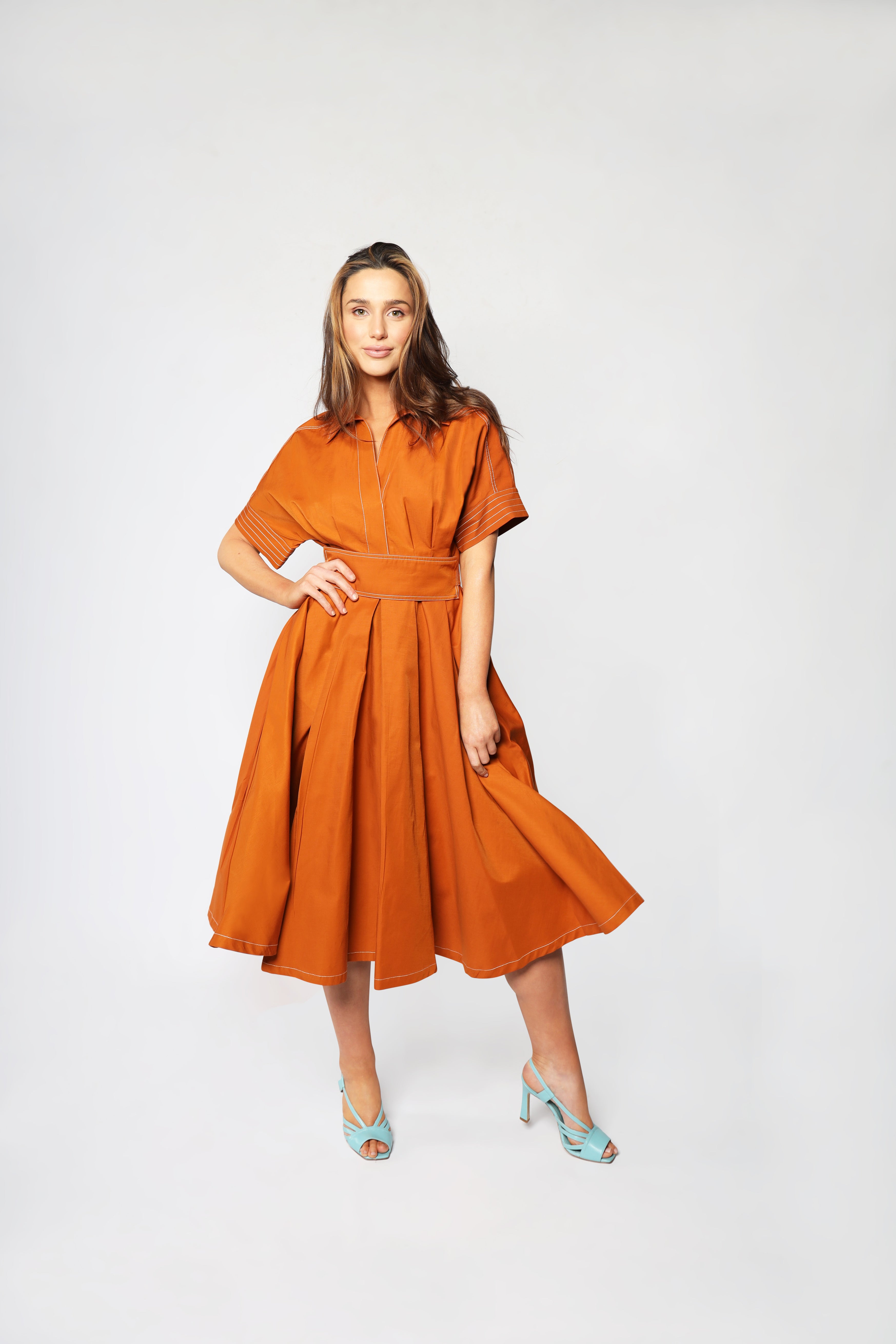 Rust Orange Dolman Sleeves Women's Midi Dress | Lodevole Rust Orange Dolman Sleeves Women's Midi Dress | Lodevole