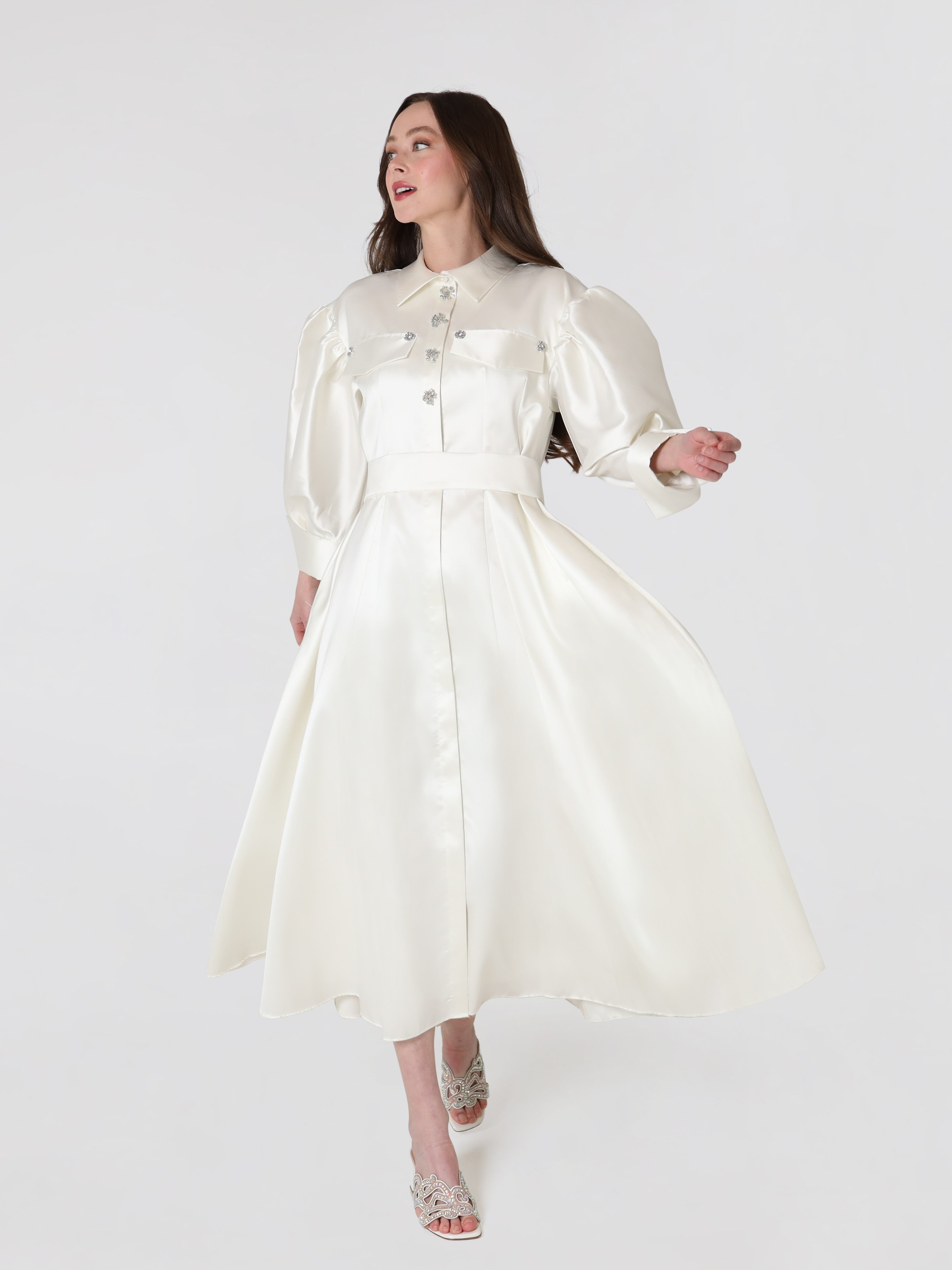 puff sleeve white midi dress Ivory Silk Women's With Embellished Button Details:Size XS Reformation Amelia Knit Dress Bedroomfurniture the fabric is medium