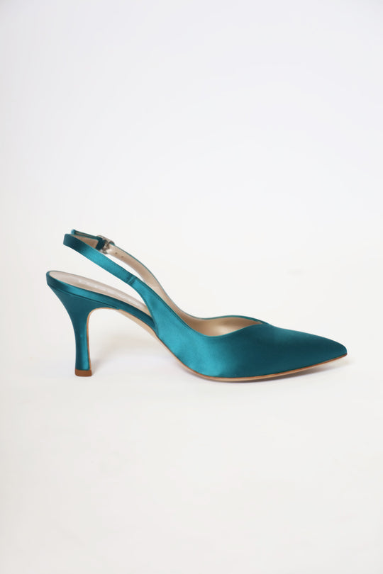 Teal Blue Satin Pointed Toe Slingback Women's Italian Heels