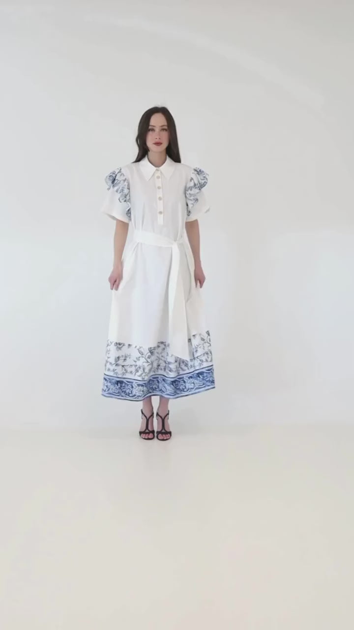 white ruffled midi dress Porcelain White Ruffled Women's Cotton Short Sleeves Midi Dress