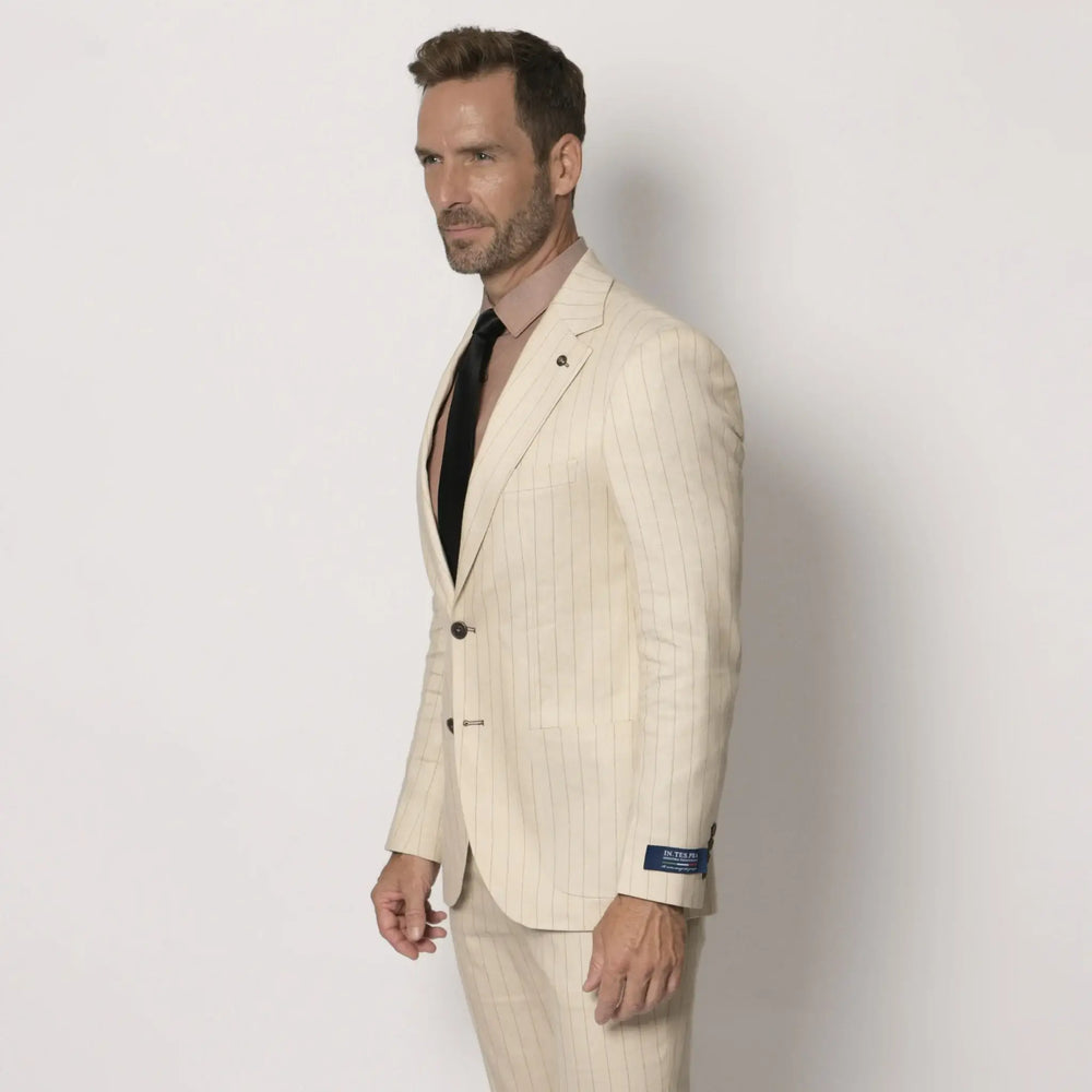 Lodevole Mens Slim Fit Blazer Beige Pinstripe Side View
