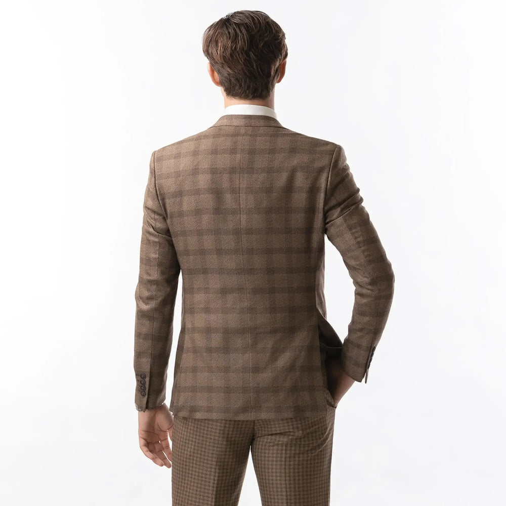 Lodevole Mens Slim Fit Blazer Brown Plaid And Check Back View