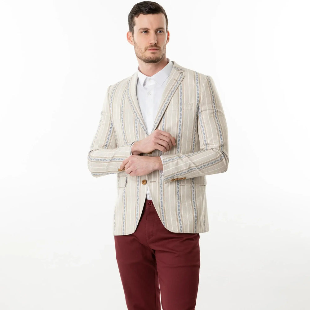 Lodevole Mens Slim Fit Blazer Cream And White Patterned Grabbing Cuffs