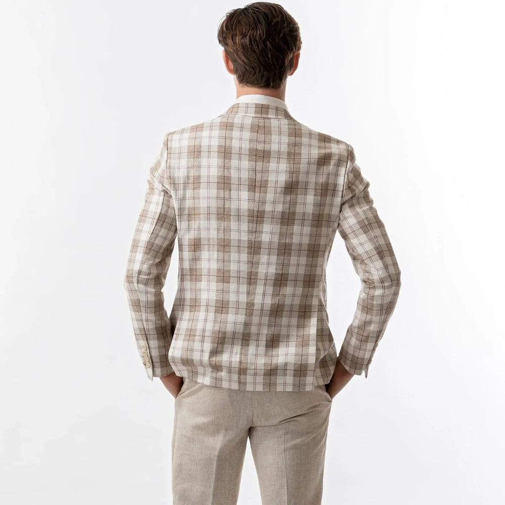 Slim Fit Blazer Cream White And Brown Plaid Back View