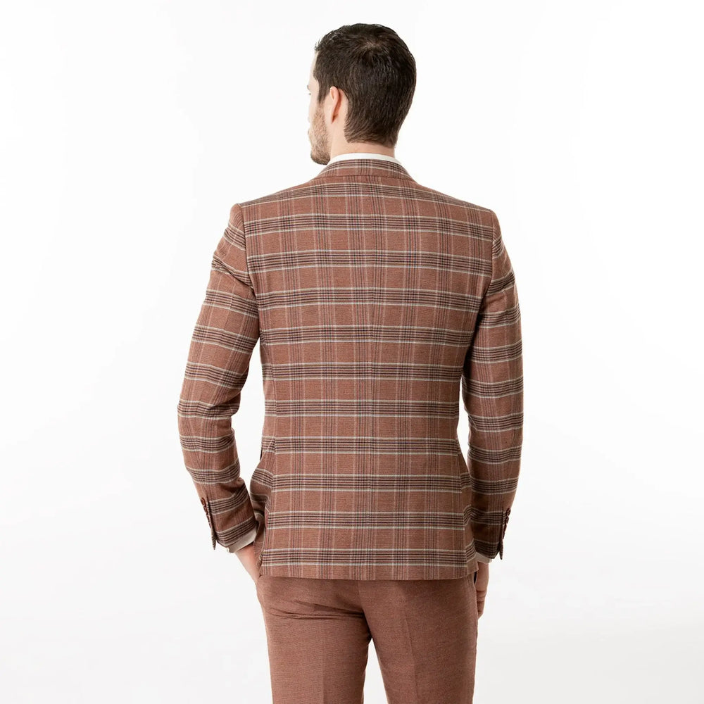 Lodevole Mens Slim Fit Blazer Rusty Brown Plaid Back View