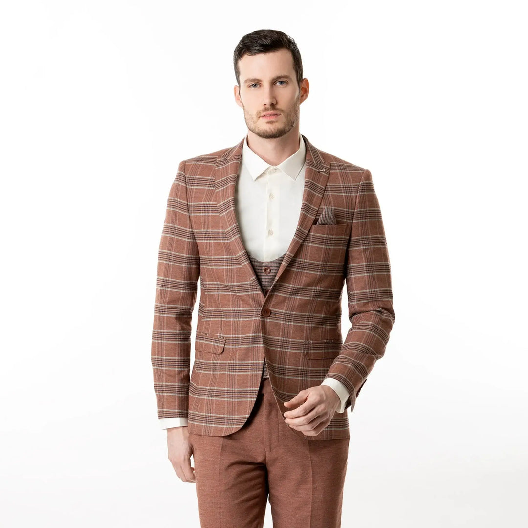 Lodevole Mens Slim Fit Blazer Rusty Brown Plaid Front View