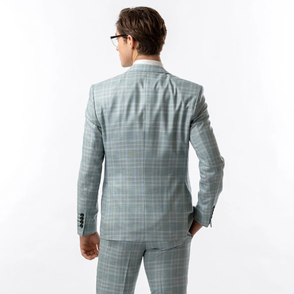 Lodevole Mens Slim Fit Blazer Teal Plaid Back View