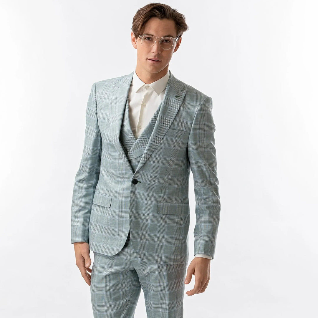 Lodevole Mens Slim Fit Blazer Teal Plaid Front View