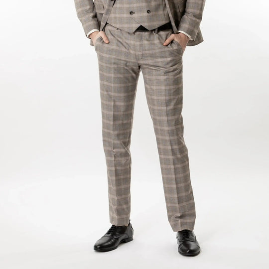 Lodevole Mens Slim Fit Trousers Grey Plaid Front View