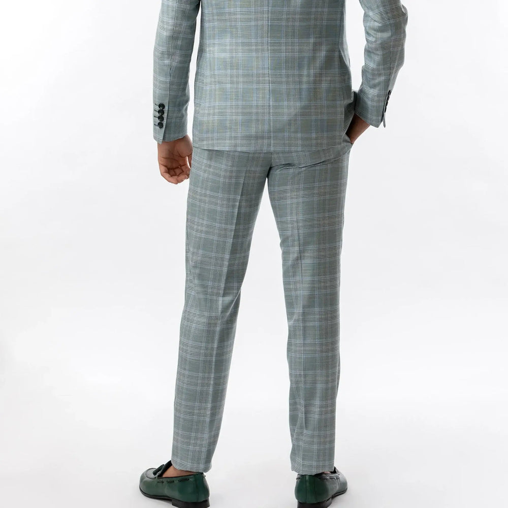 Lodevole Mens Slim Fit Trousers Teal Plaid Back View