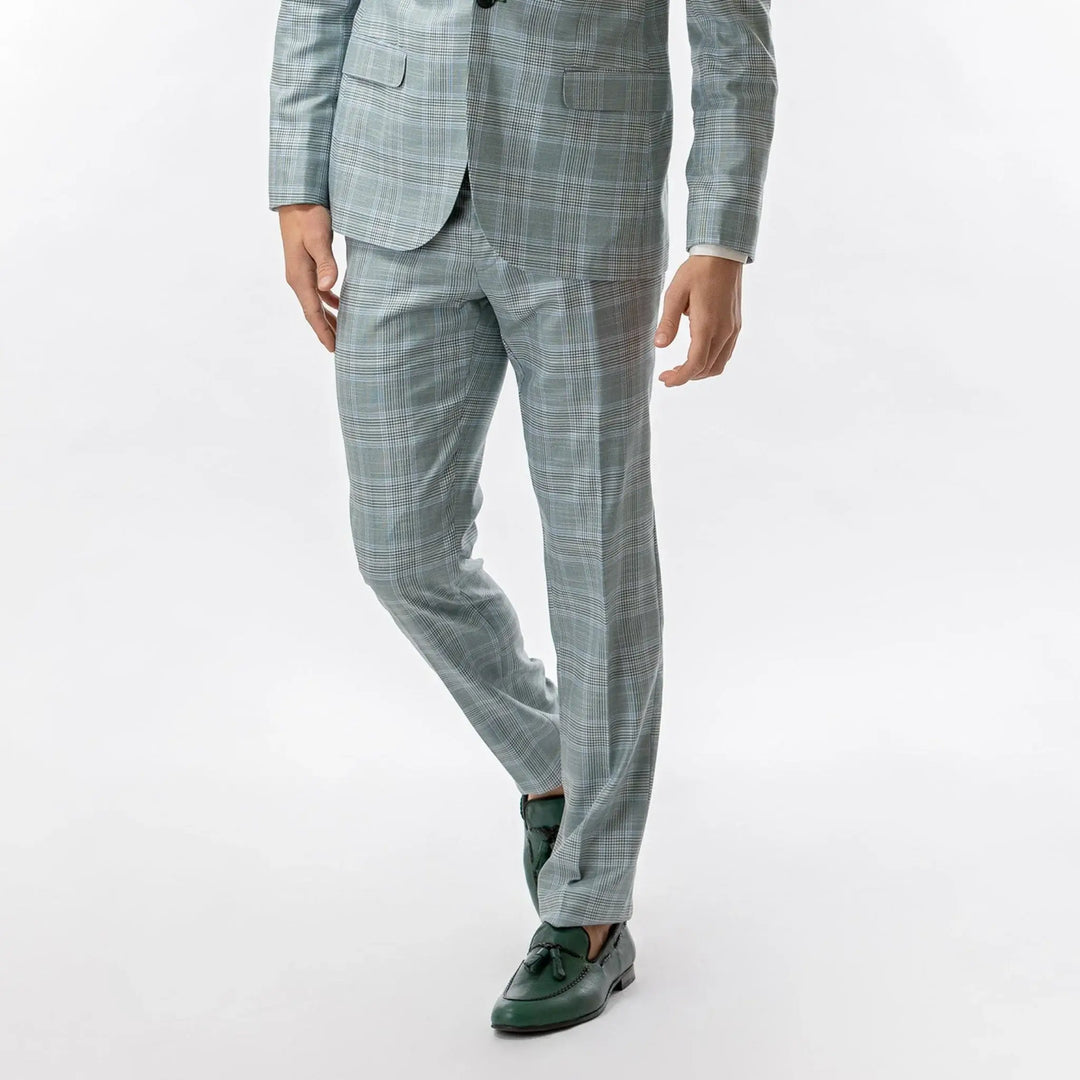 Lodevole Mens Slim Fit Trousers Teal Plaid Front View