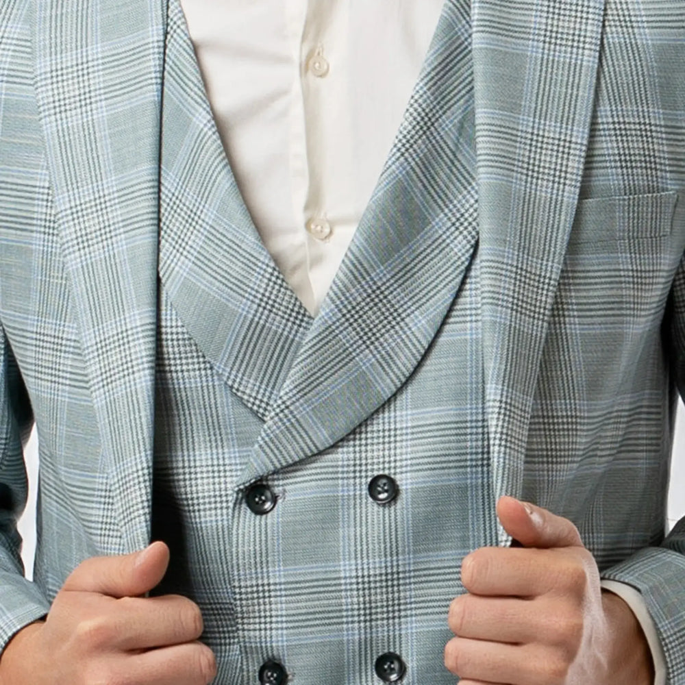 Lodevole Mens Slim Fit Vest Teal Plaid Close Up View