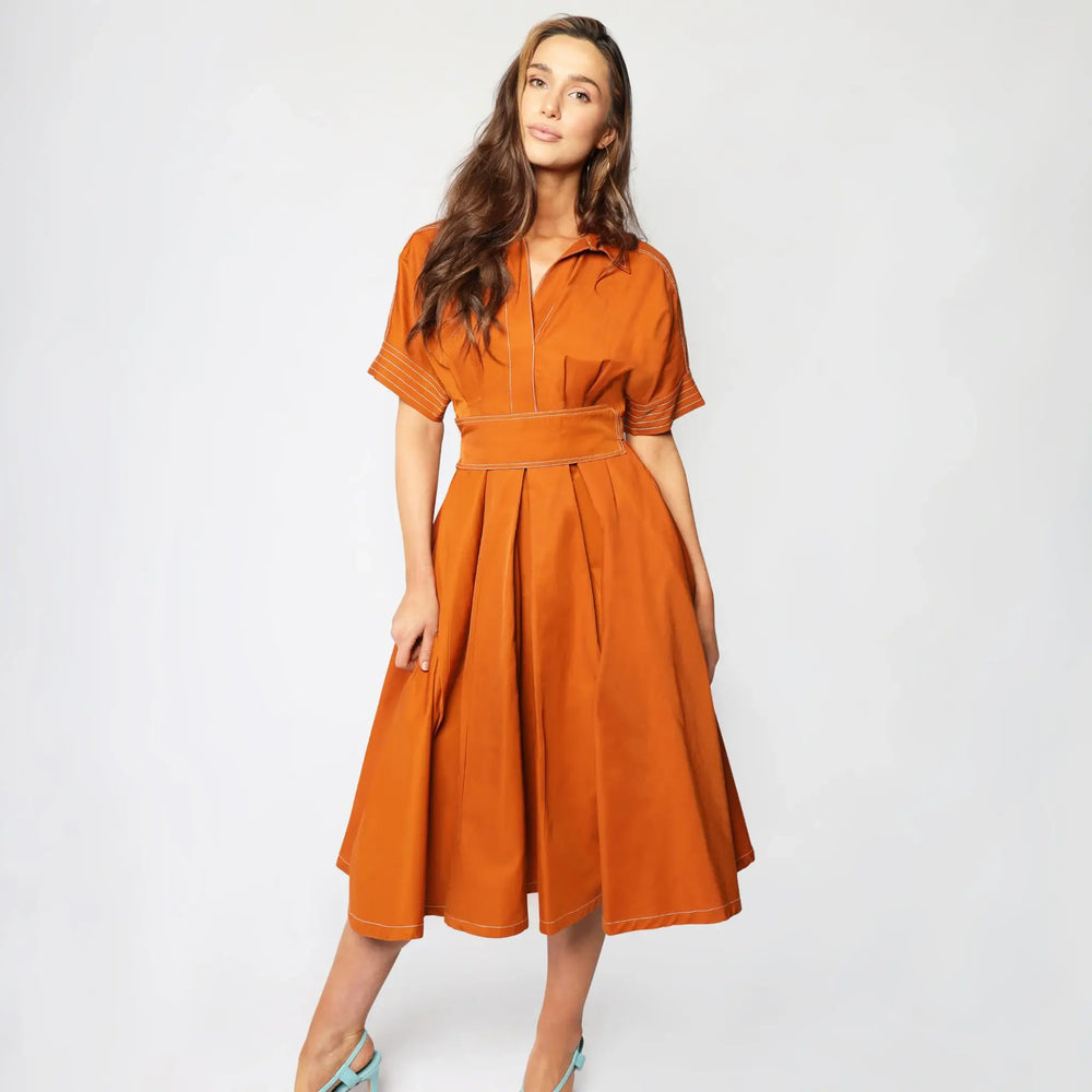 Lodevole Womens Days of Autumn Dress Rust Front View Swayed Left Hip
