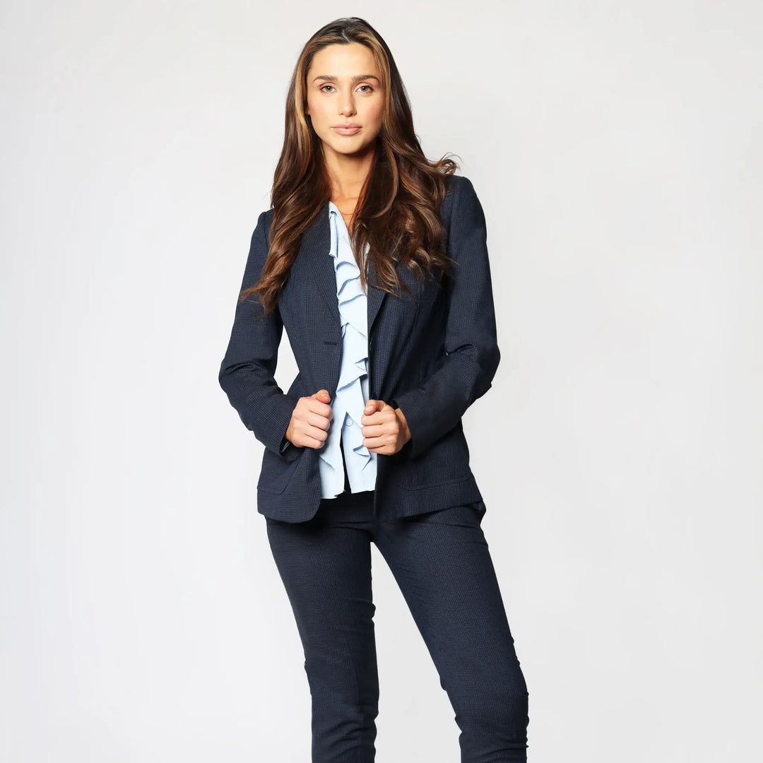 Lodevole Womens Forever Punctual Blazer Blue Checked Front View Swayed Hips