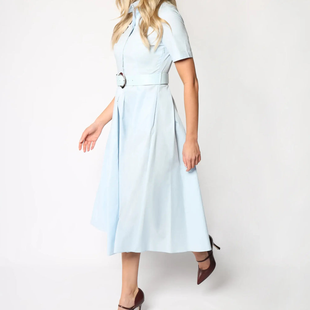 Lodevole Womens Short-sleeved Belted Dress Sky Blue Walking to Left