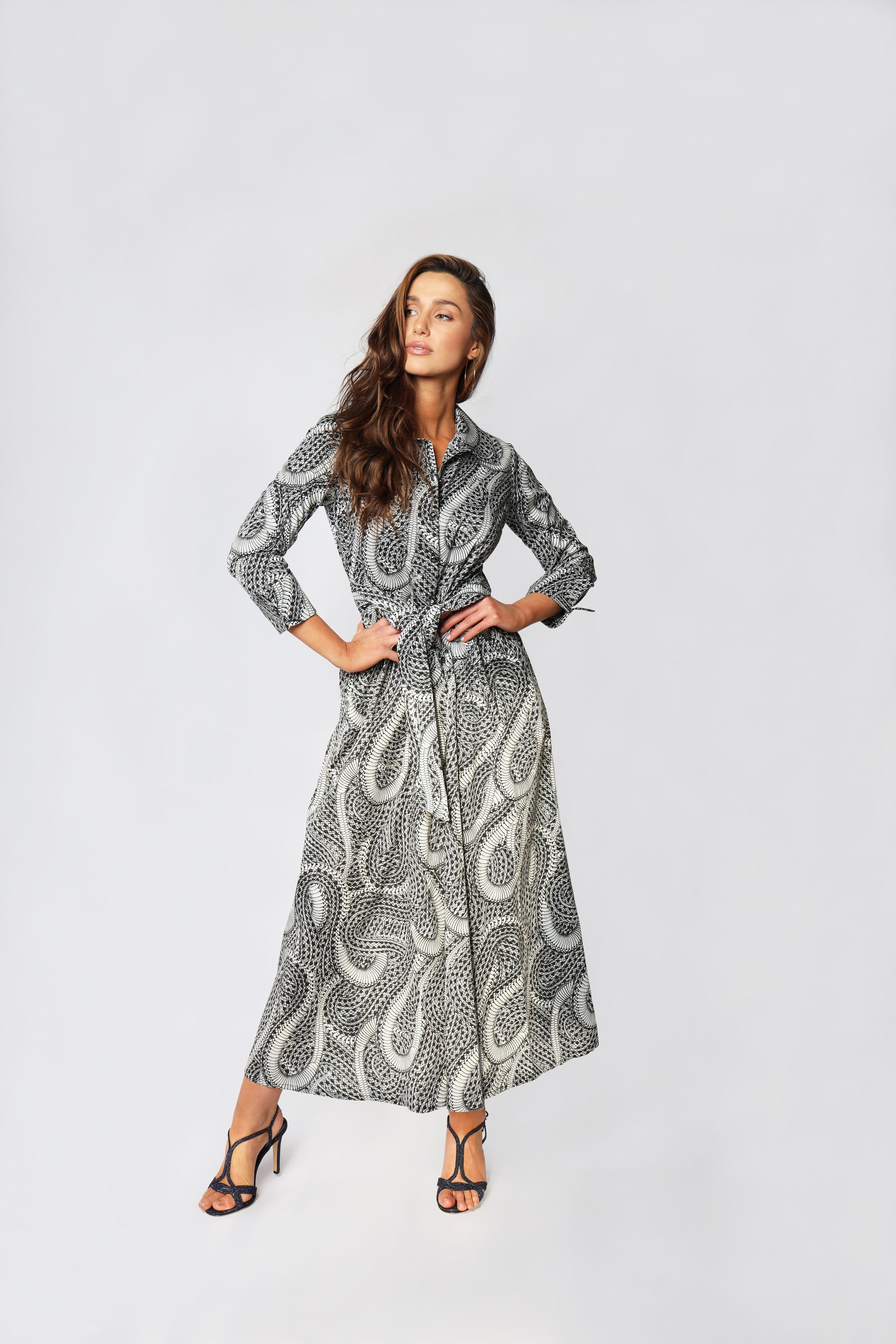 Floral Wave Paisley Print Belted Button-Down Italian Cotton Women's Maxi Dress