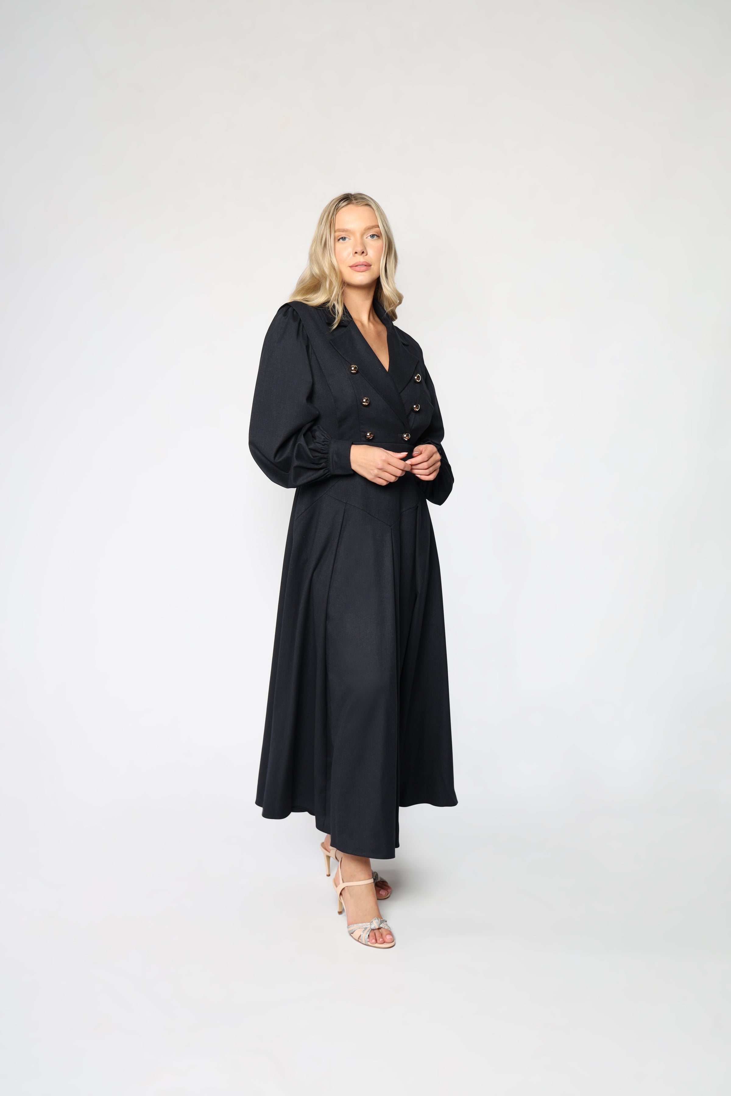 Luxe Perfection Black Blouson Sleeves Blazer Maxi Dress Women 