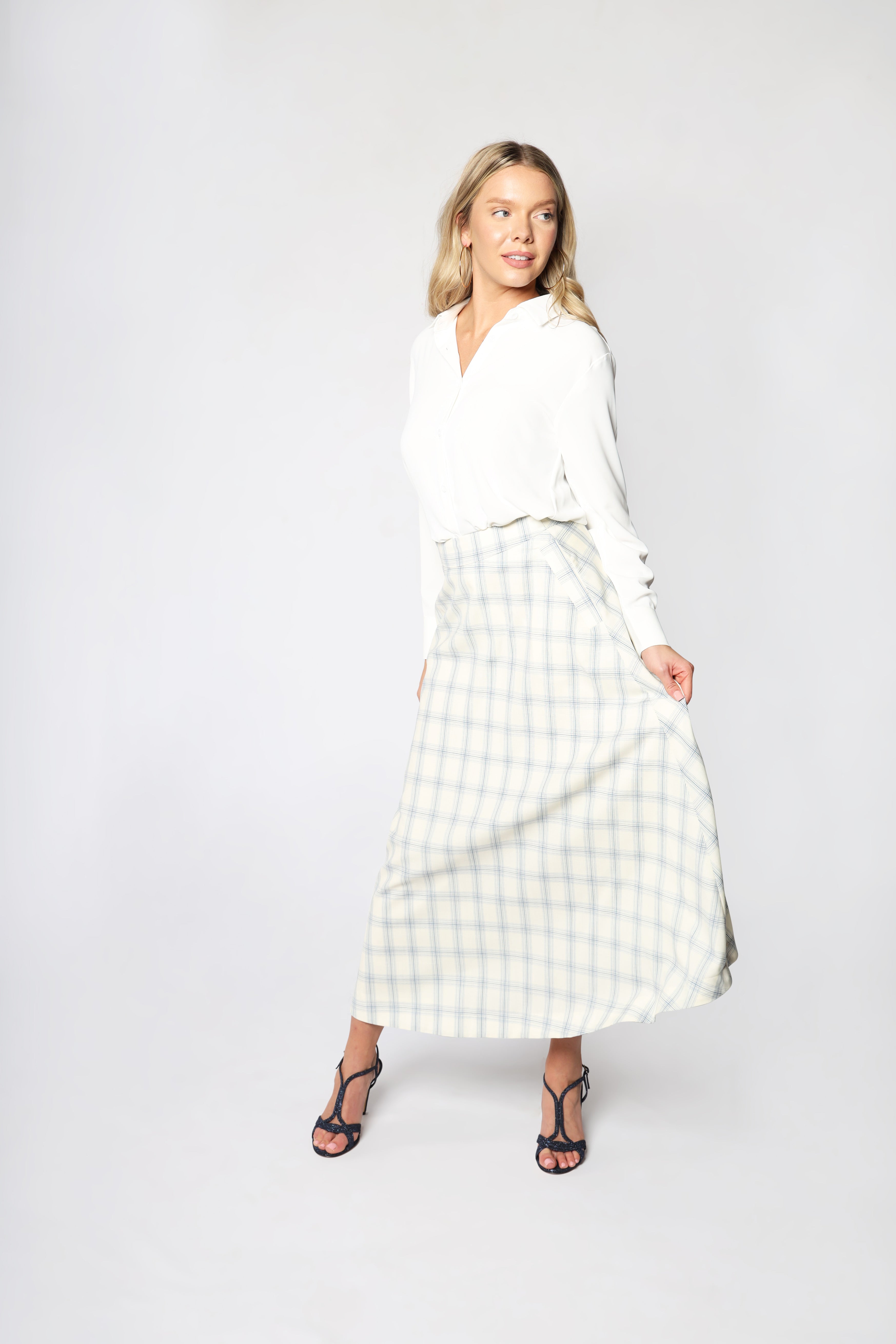 Vintage Charm Window Pane Ivory Italian Wool Maxi Skirt Women Lodevole