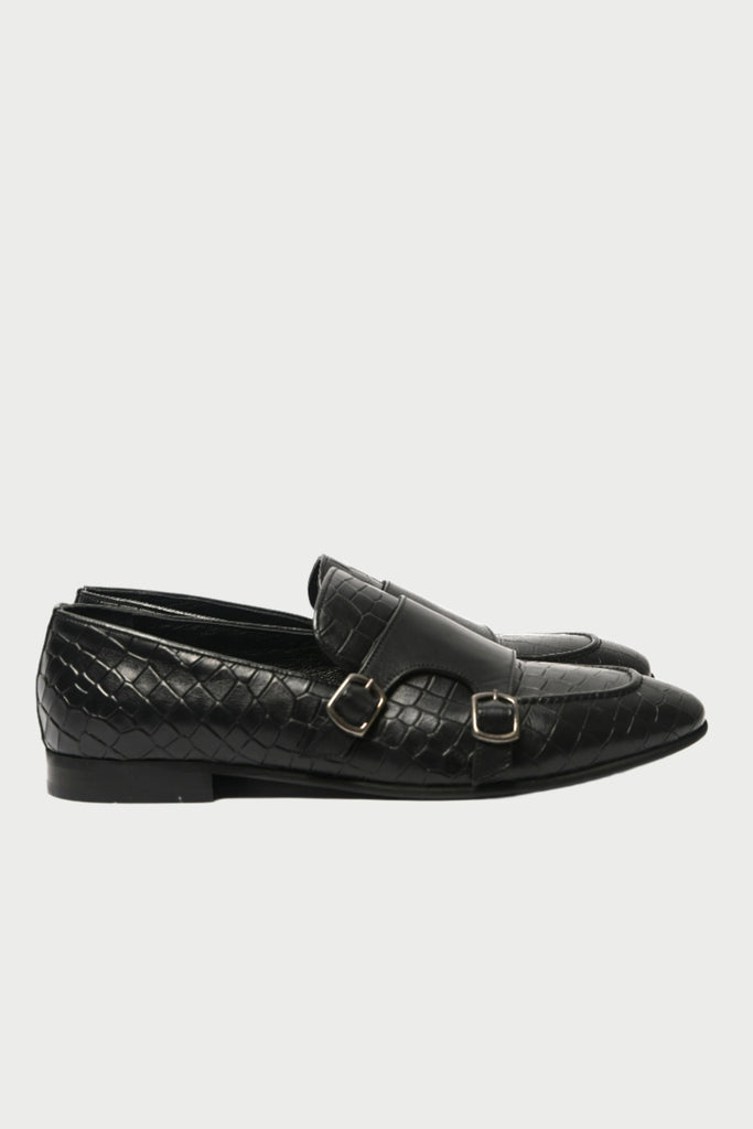 Croc-embossed Double Monk Strap Shoes Black | Lodevole