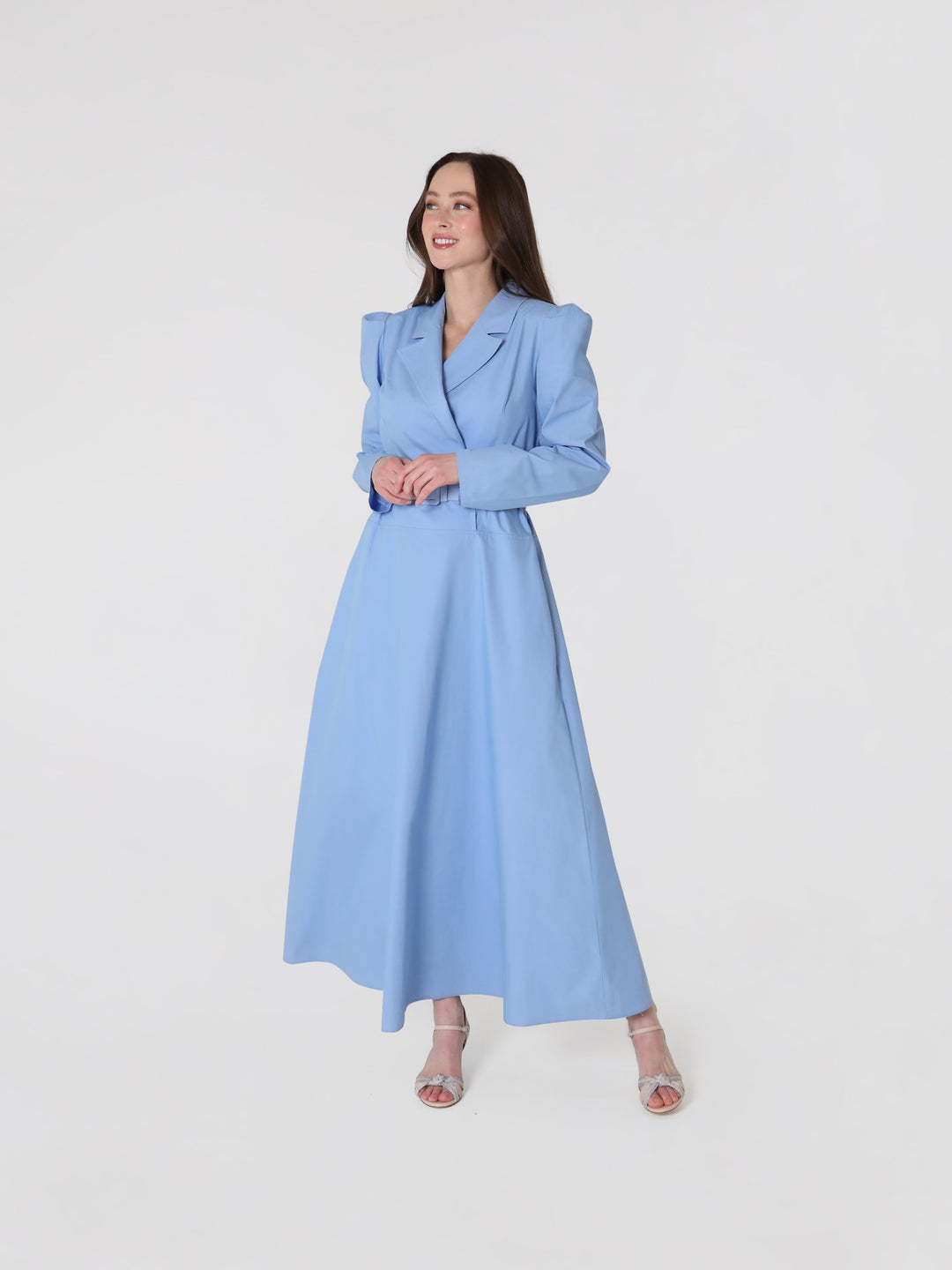 Double Breasted Belted Cotton Maxi Dress In Maya Blue Lodevole