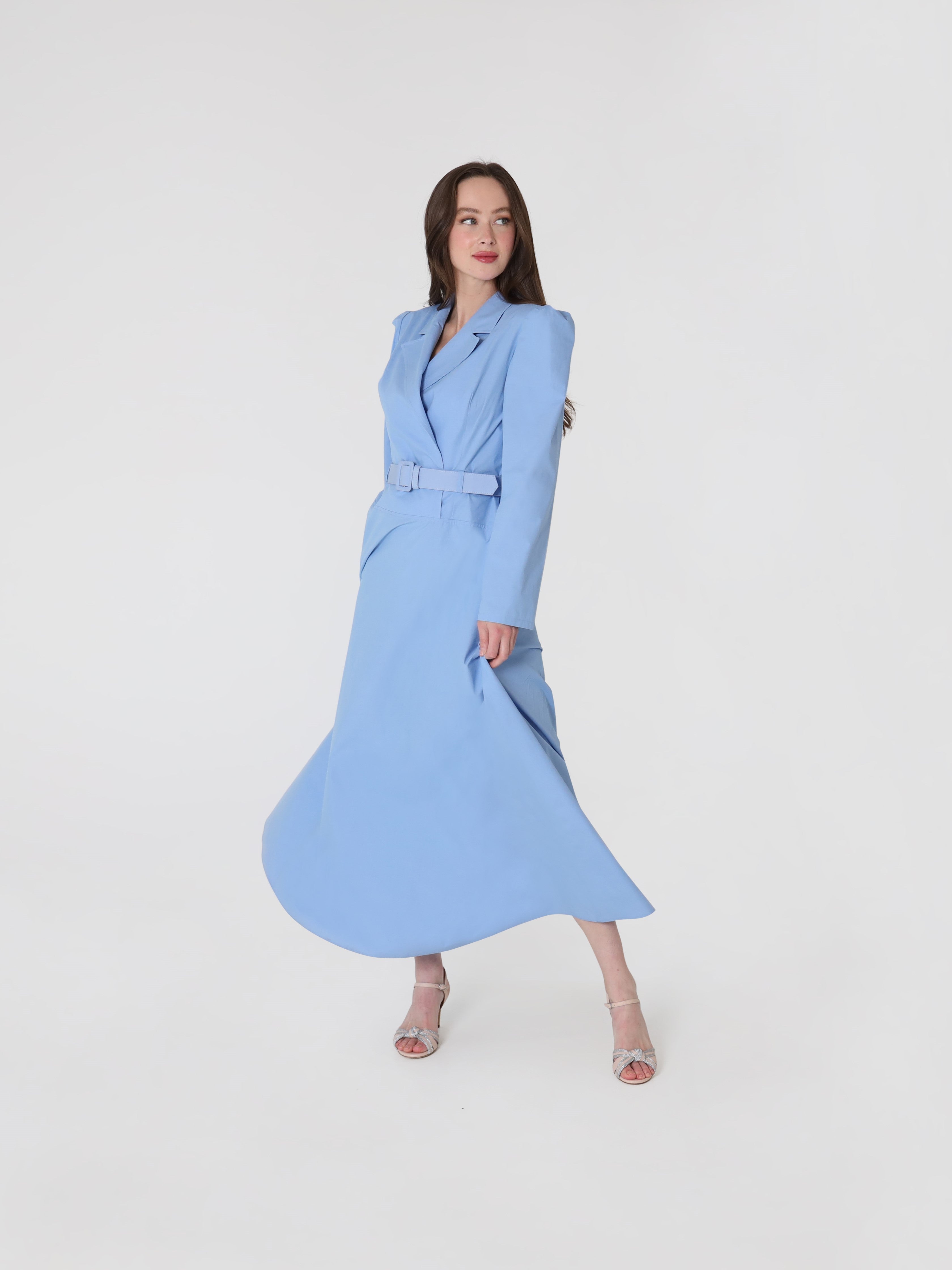 Double Breasted Belted Cotton Maxi Dress In Maya Blue Lodevole