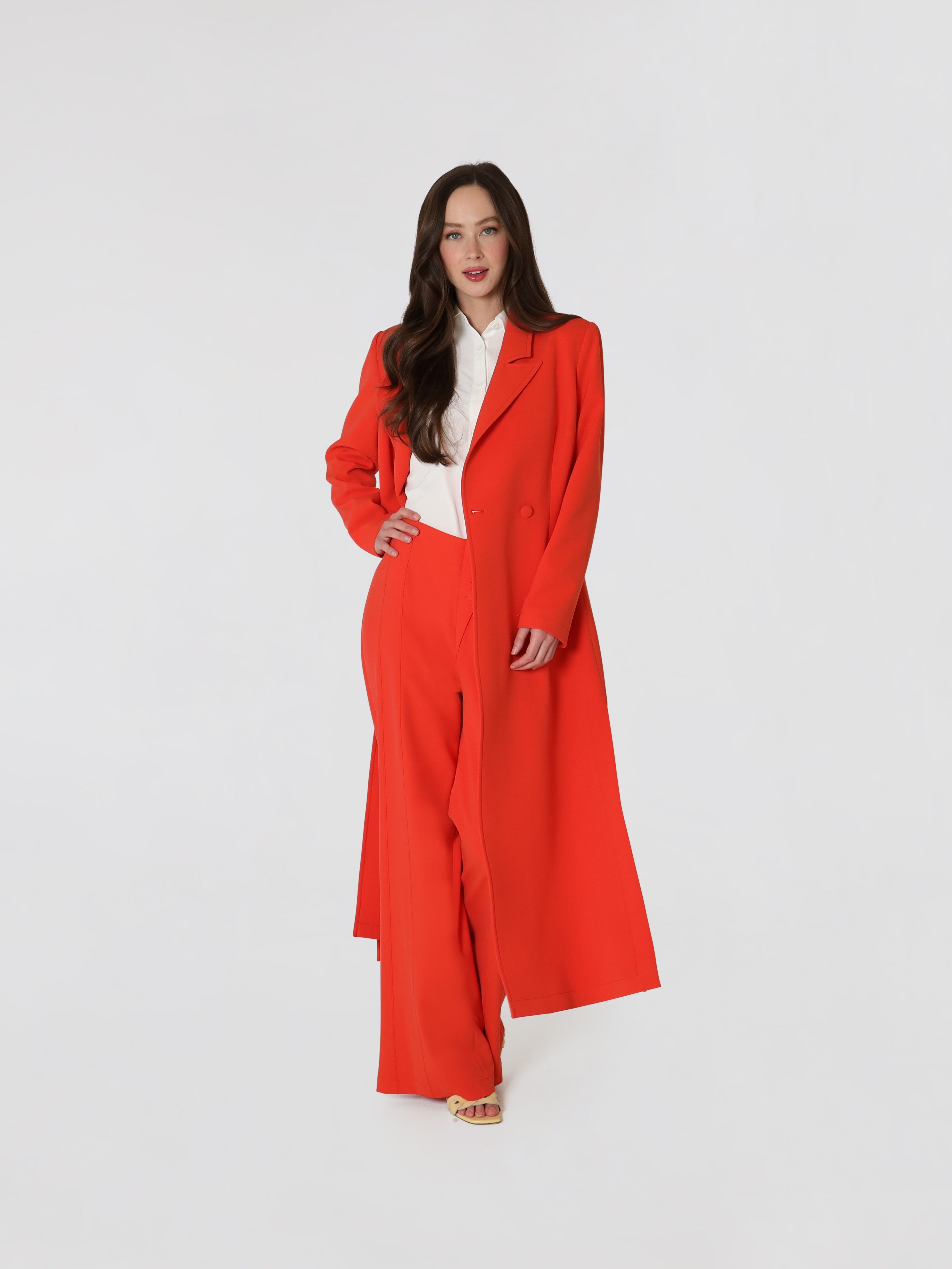 Double Breasted Long Coat And Pants Set In Red Orange Lodevole