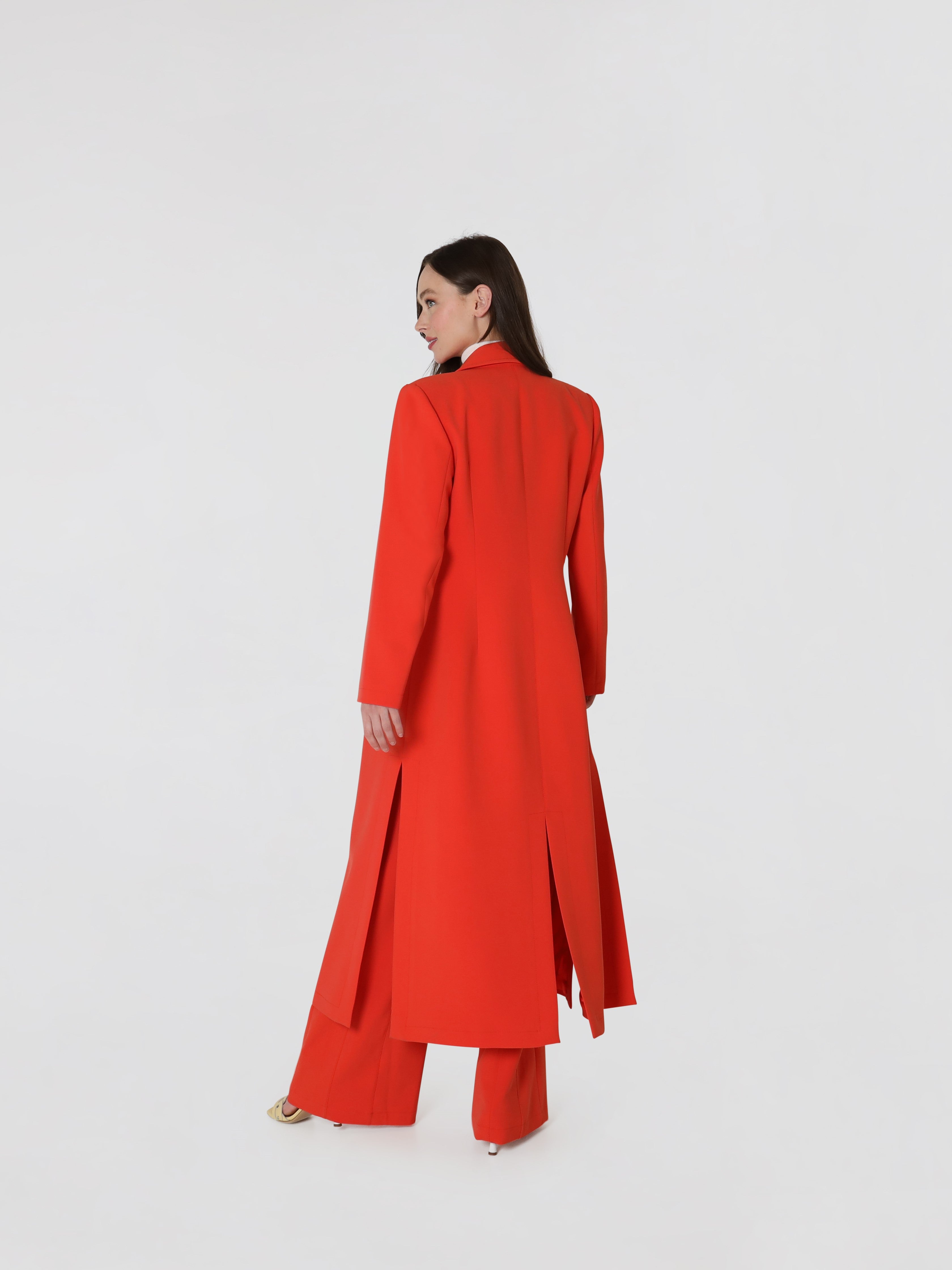 Double Breasted Notched Lapel Long Coat In Red Orange | Lodevole
