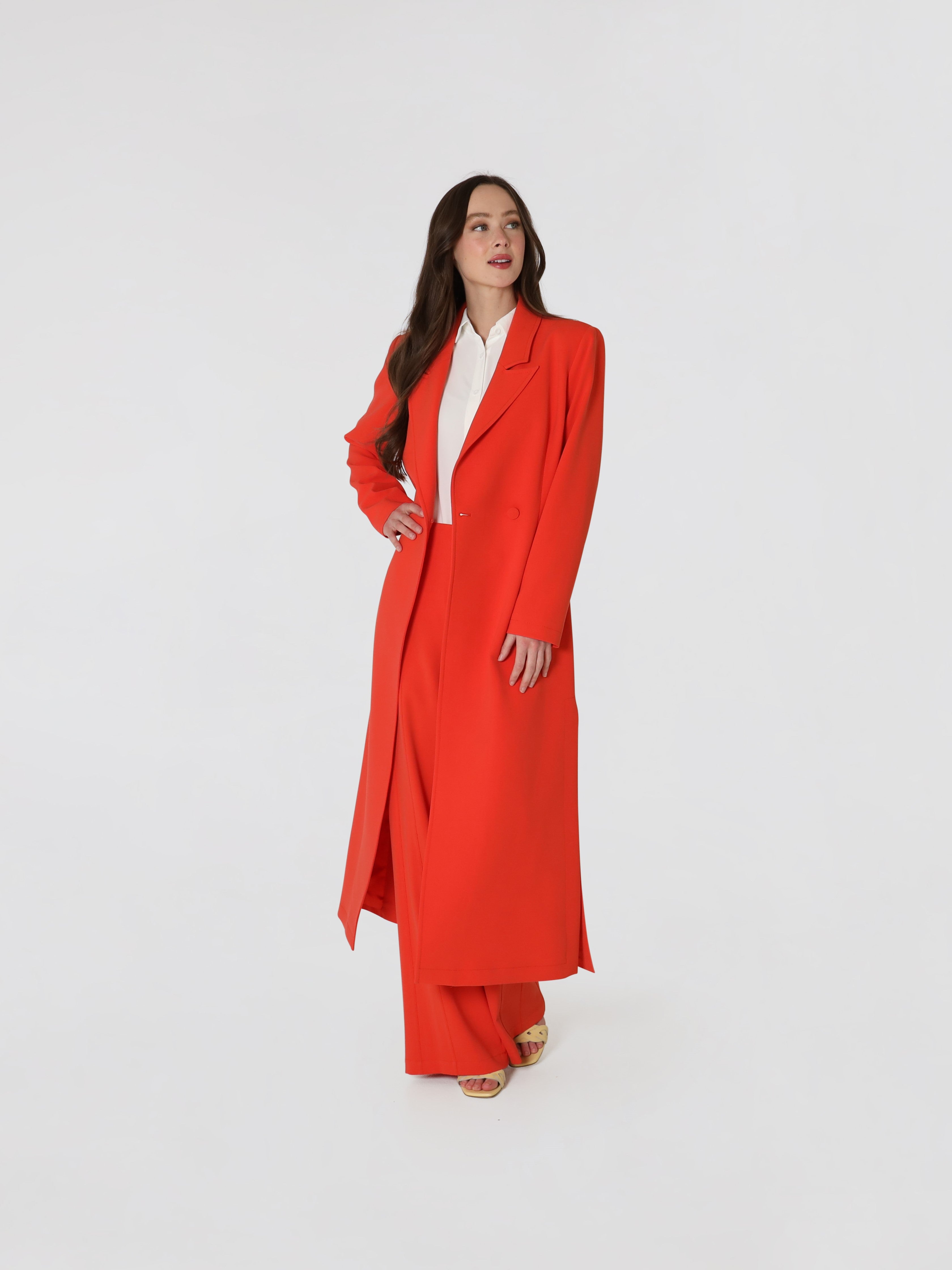 Double Breasted Notched Lapel Long Coat In Red Orange | Lodevole