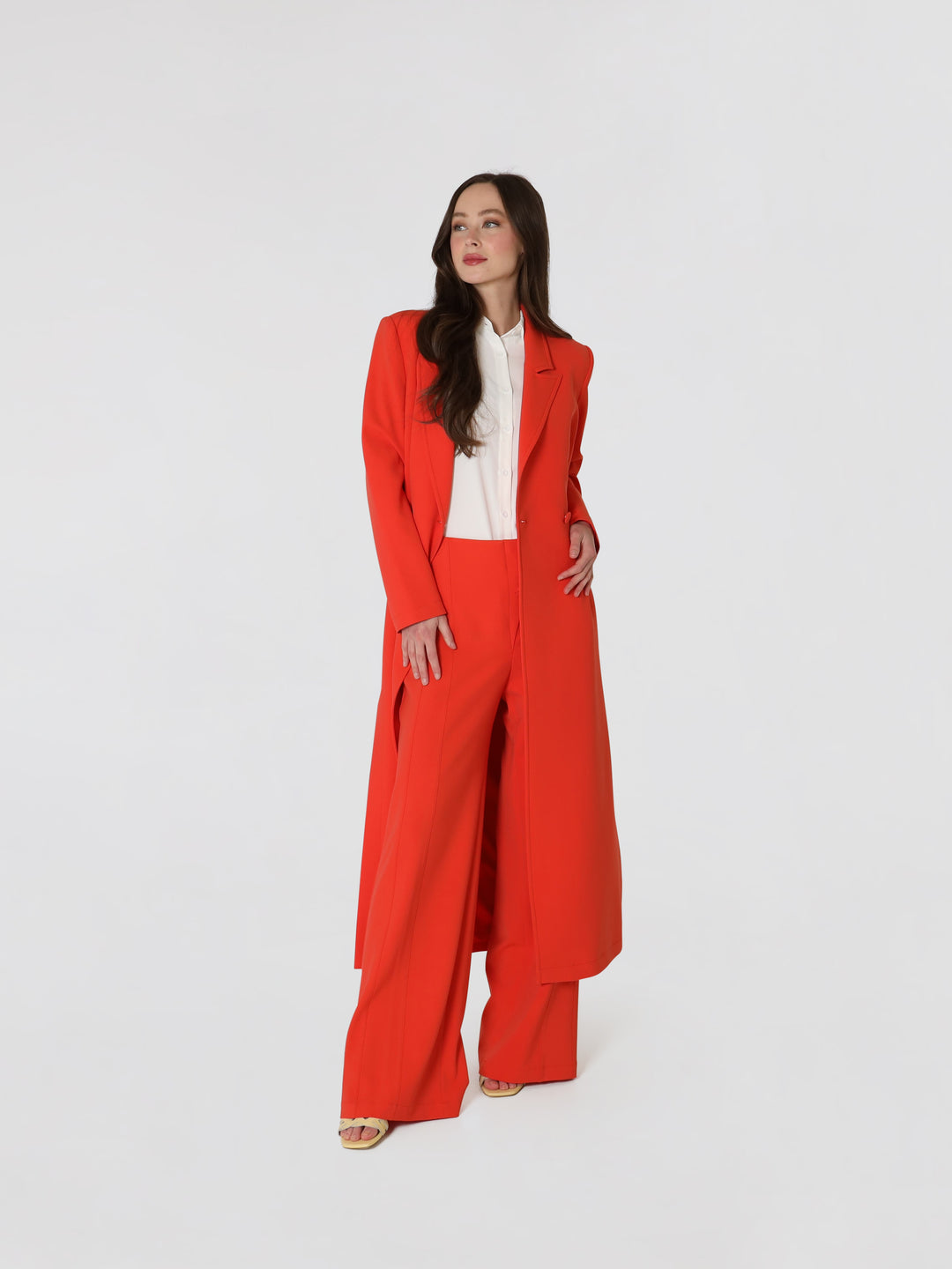 Double Breasted Long Coat And Pants Set In Red Orange Lodevole