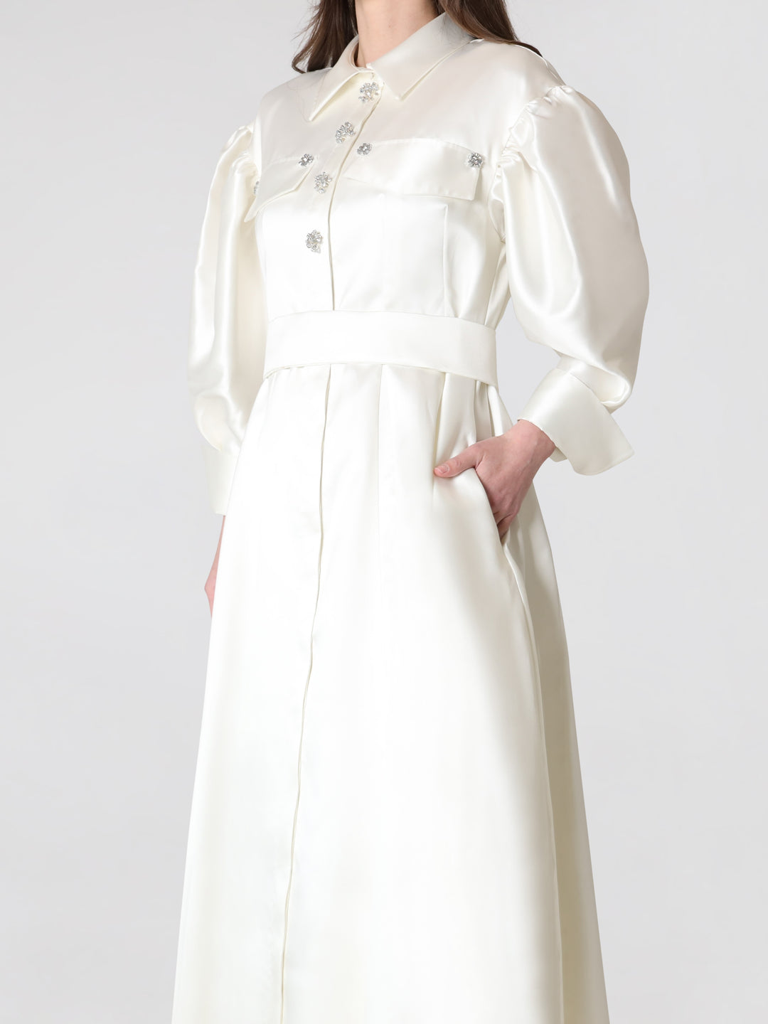Ivory Silk Puff Sleeve Midi Dress With Embellished Button Lodevole