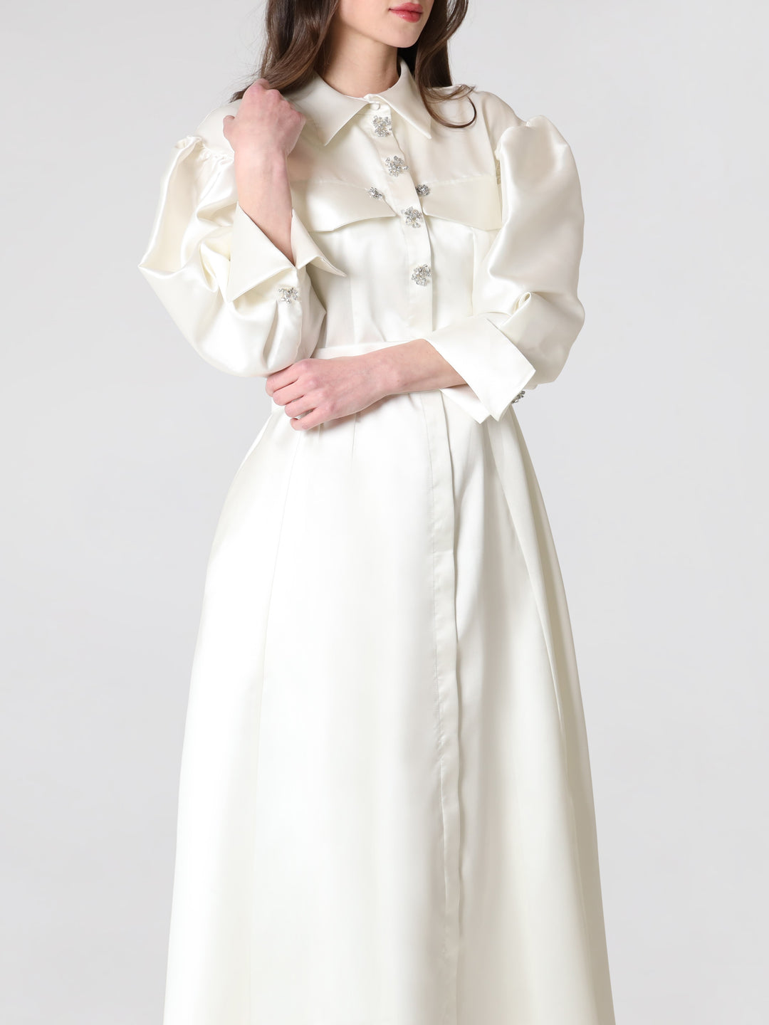 Ivory Silk Puff Sleeve Women's Midi Dress With Embellished Button | Lodevole Ivory Silk Puff Sleeve Women's Midi Dress With Embellished Button | Lodevole
