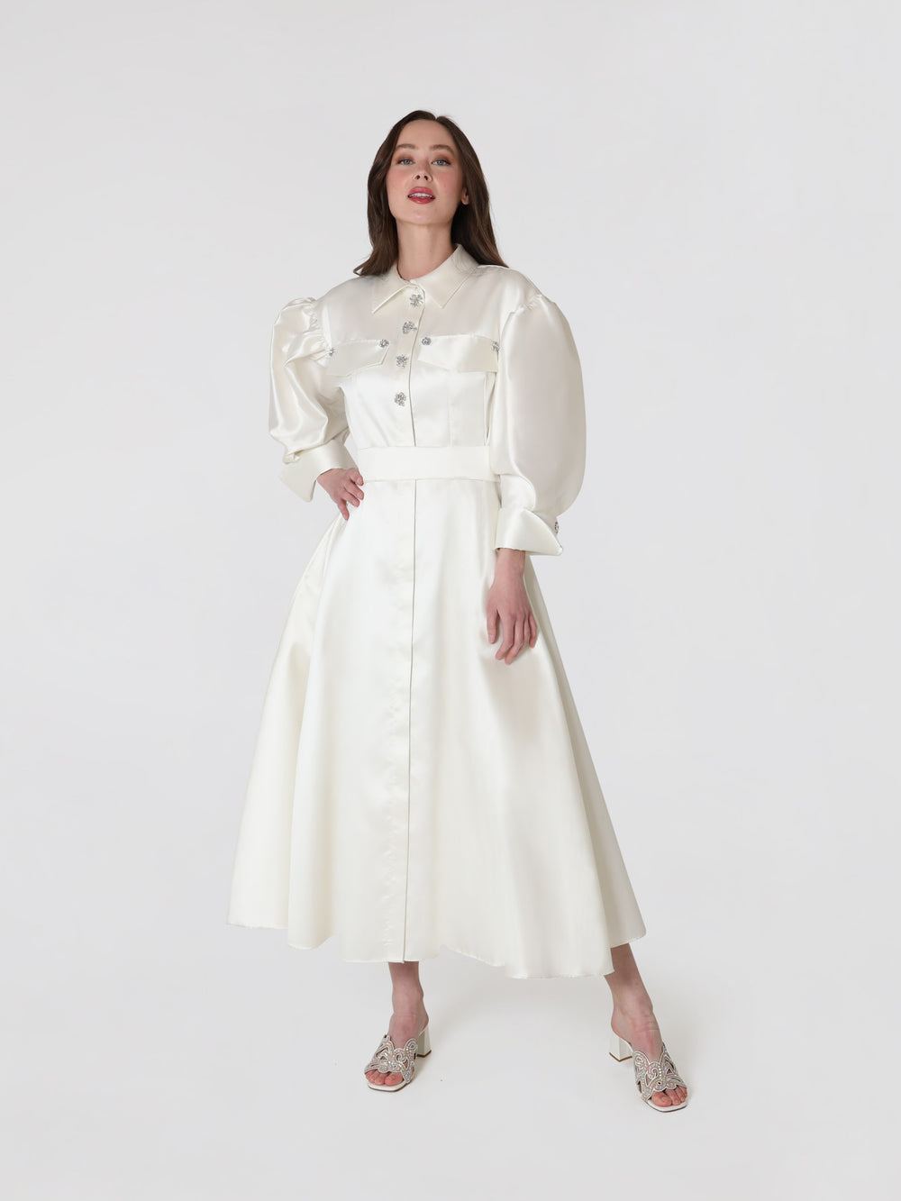 Ivory Silk Puff Sleeve Midi Dress With Embellished Button Lodevole