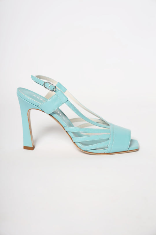Hellblaue italienische Riemchen-Peep-Toe-Ledersandalen für Damen