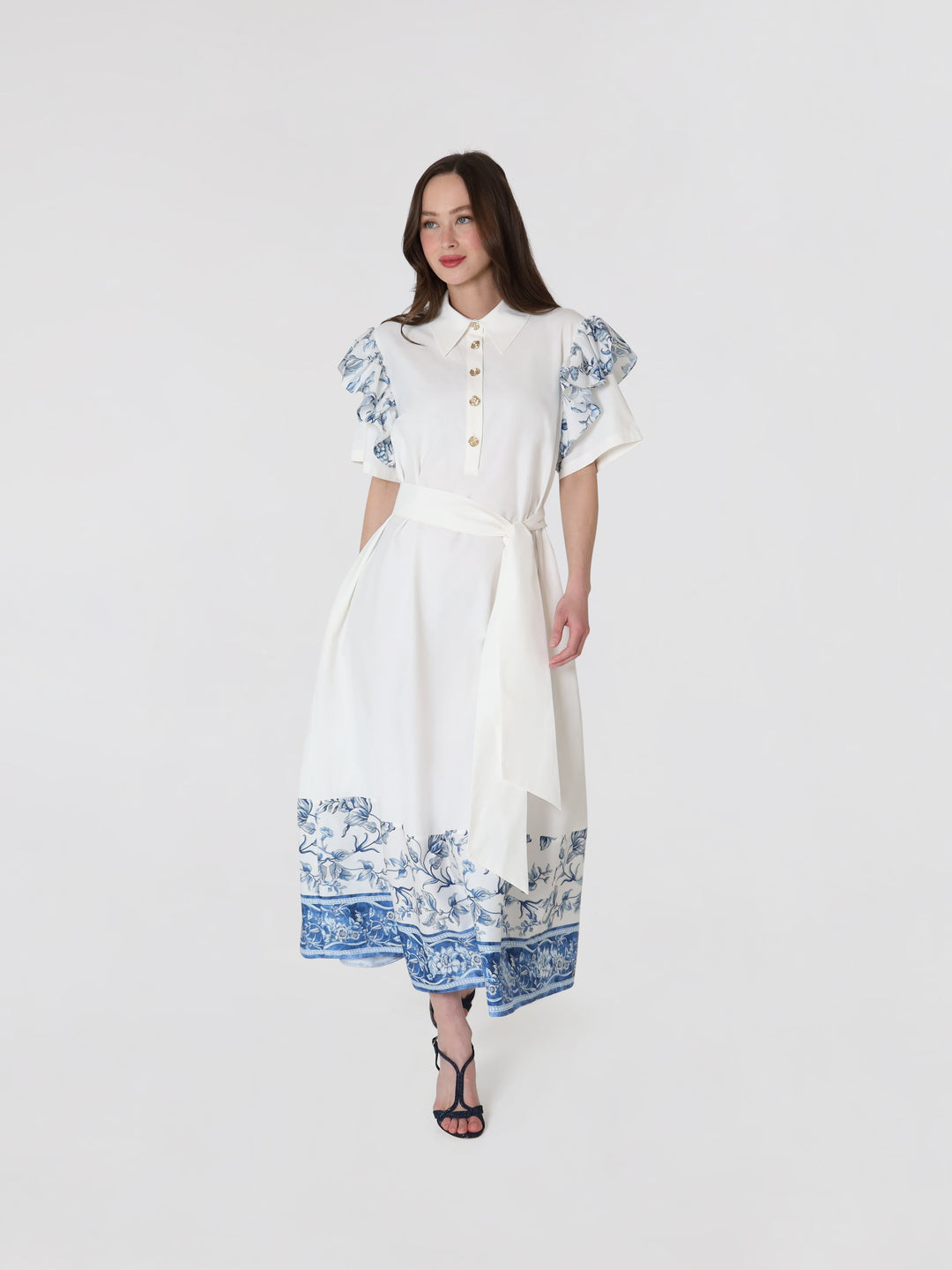 Porcelain White Ruffled Women's Cotton Short Sleeves Midi Dress | Lodevole Porcelain White Ruffled Women's Cotton Short Sleeves Midi Dress | Lodevole