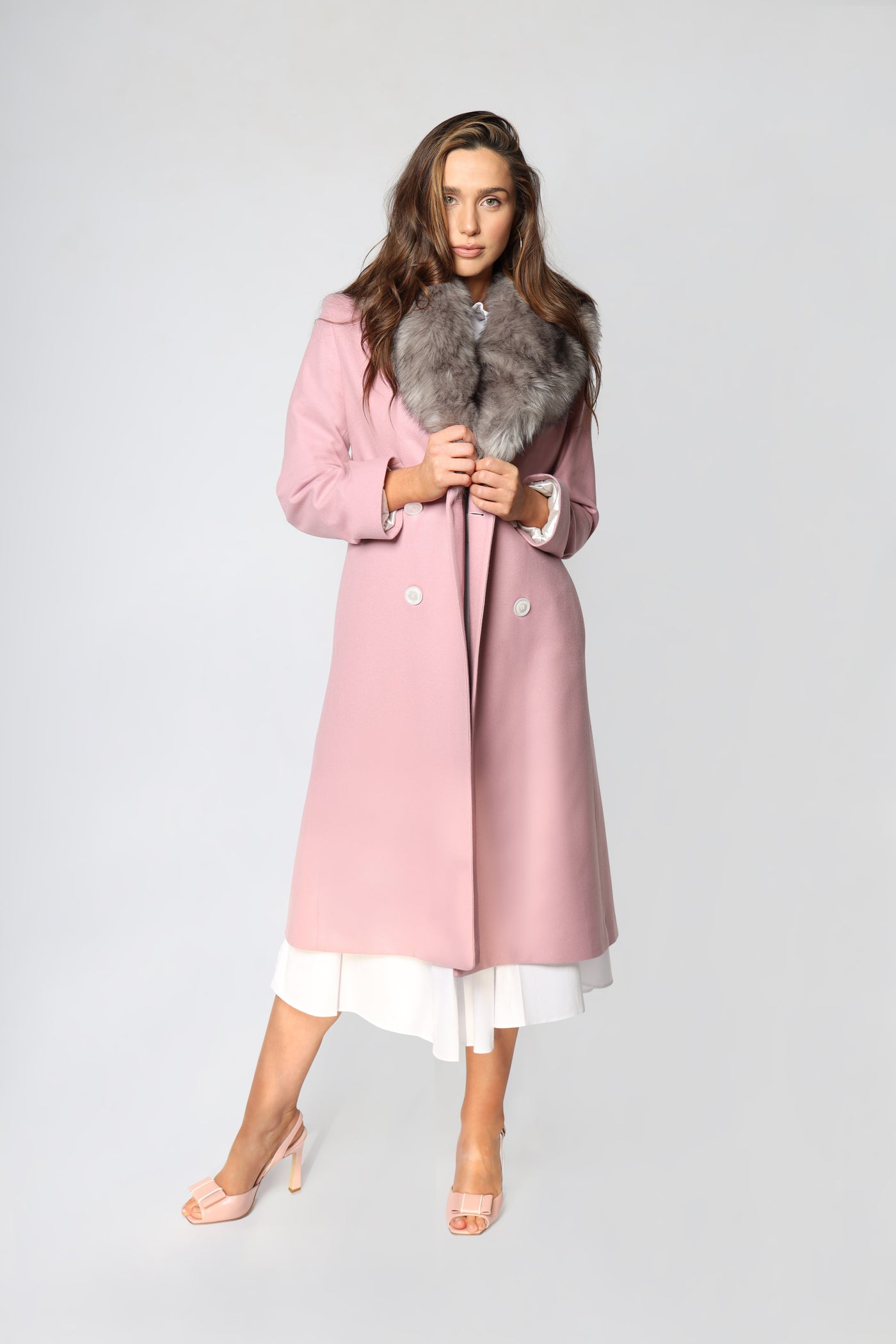Pink Italian Wool Fur Collar Women's Winter Coat Lodevole