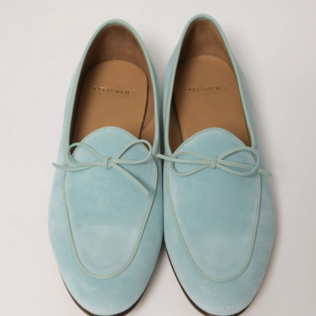 Lodevole Mens Bow Top Suede Loafers Light Powder Blue Above View