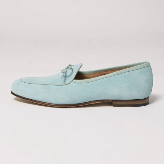 Lodevole Mens Bow Top Suede Loafers Light Powder Blue Left Side View
