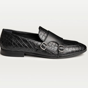 Lodevole Mens Croc-embossed Double Monk Strap Shoes Black Right Side View