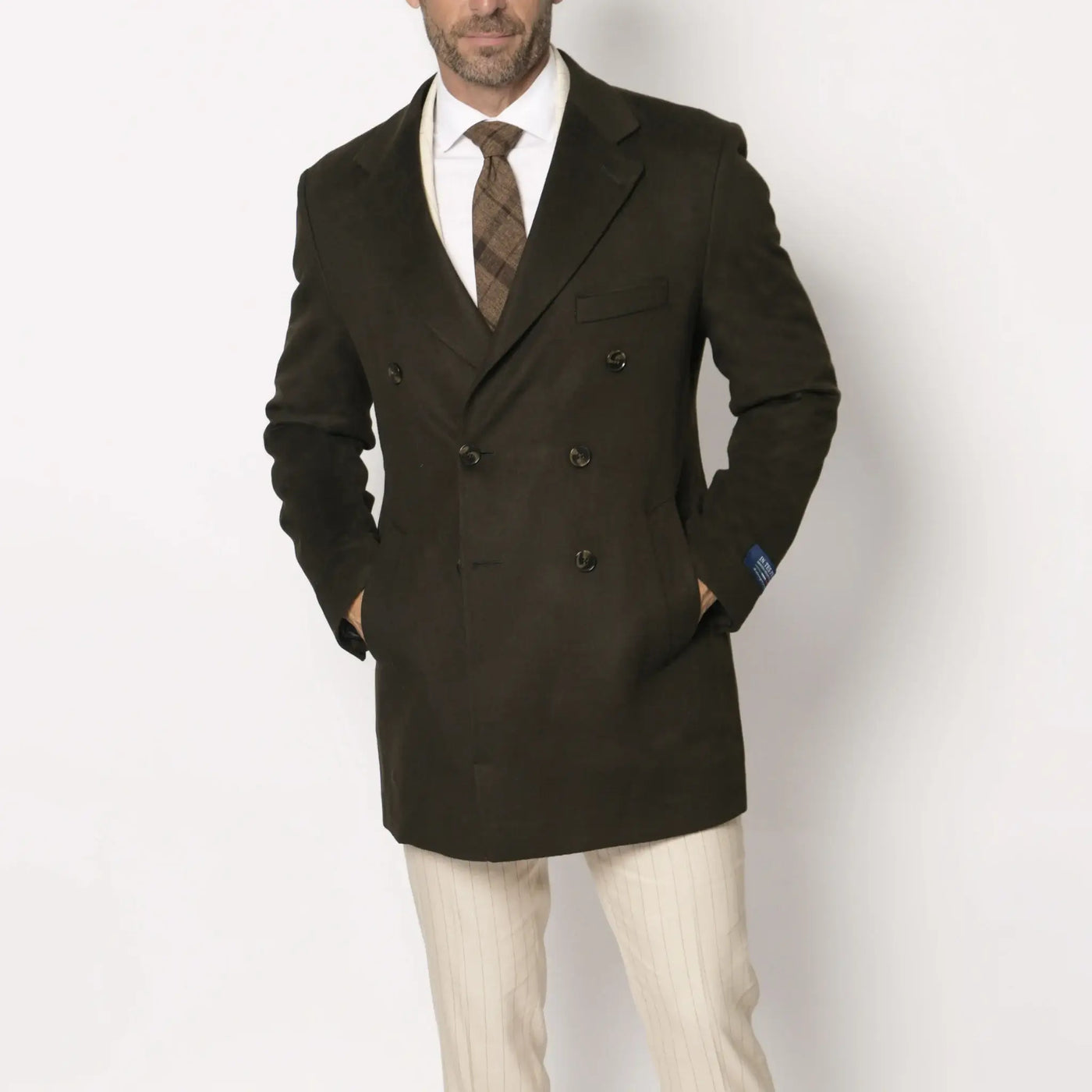Lodevole Men's Double-breasted Coat Dark Olive Front Hands in Pockets