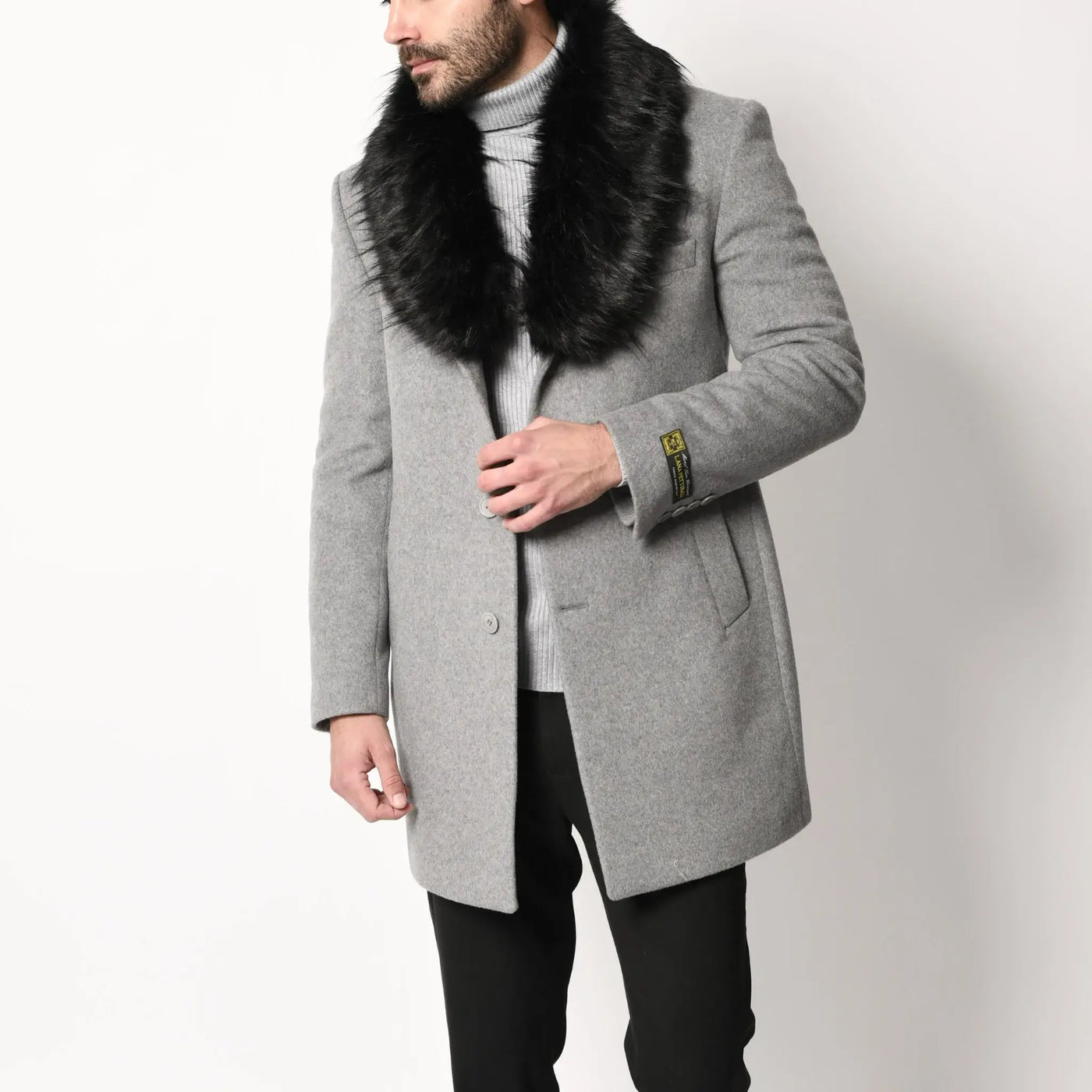 Lodevole Men's Faux Fur Collar Coat Grey Action Shot
