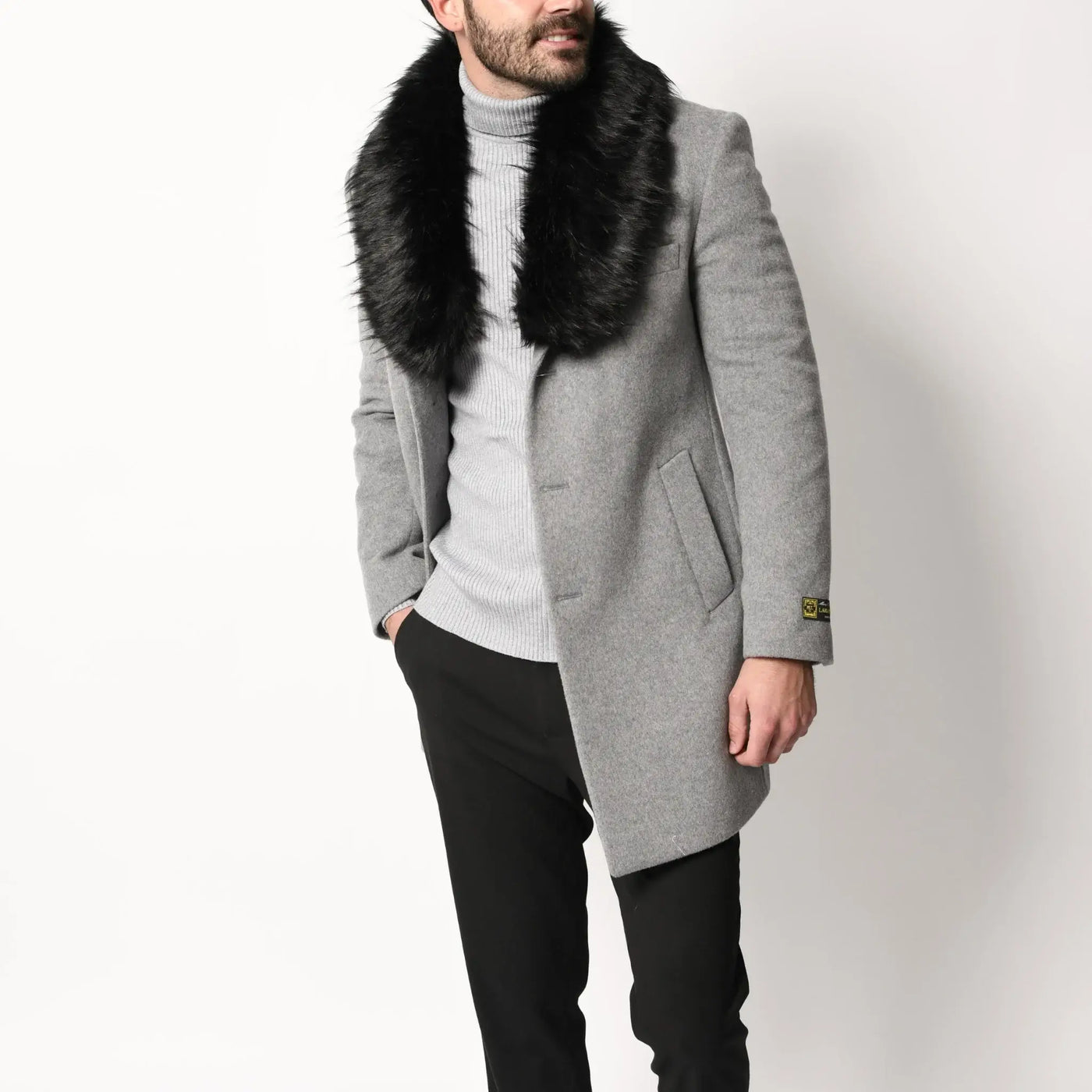 Lodevole Men's Faux Fur Collar Coat Grey Alternative Front