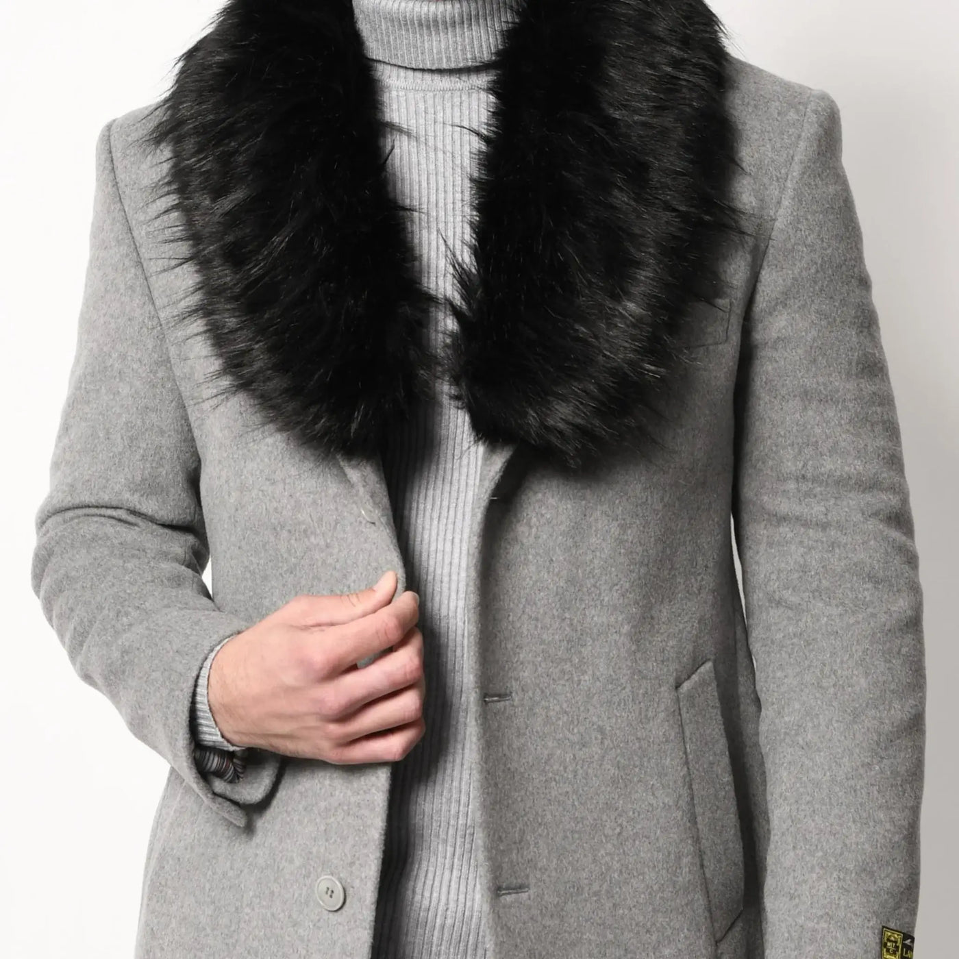 Lodevole Men's Faux Fur Collar Coat Grey Closeup