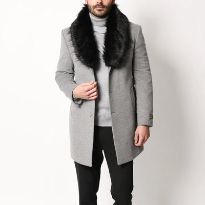 Lodevole Men's Faux Fur Collar Coat Grey Thumbnail