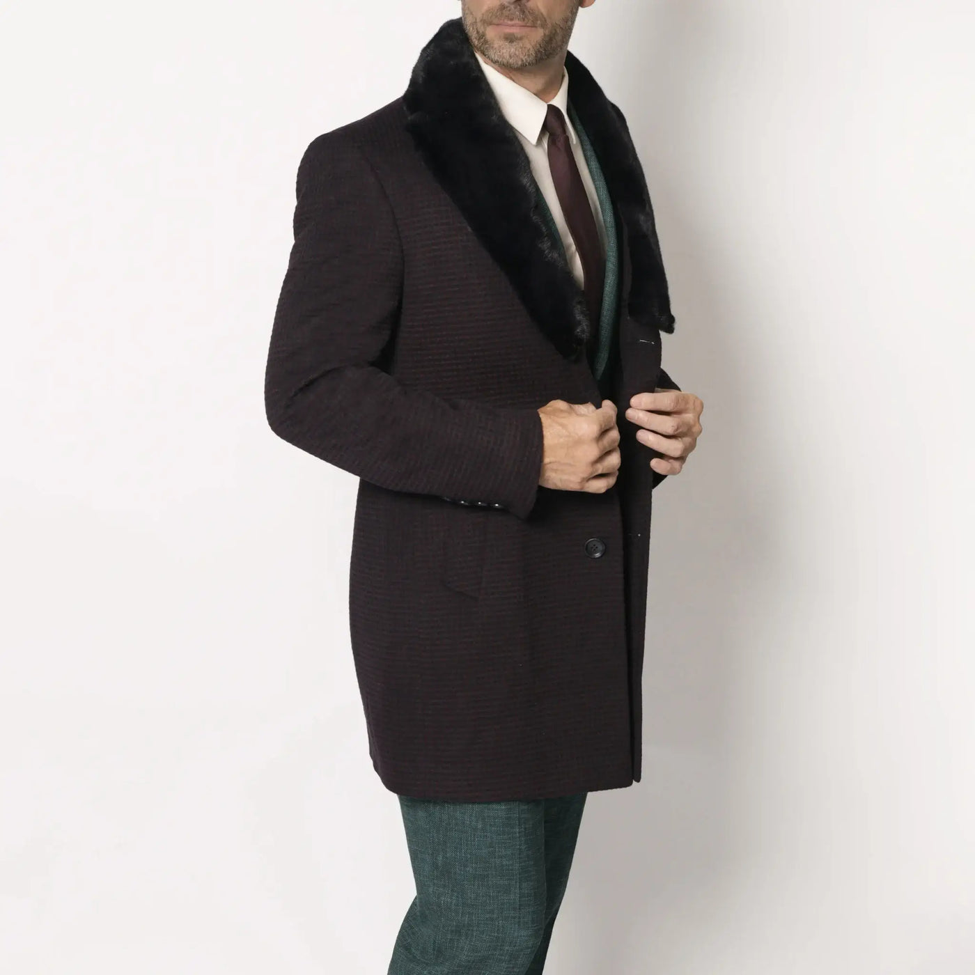 Lodevole Men's Fur Collar Coat Navy Blue and Burgundy Right Side