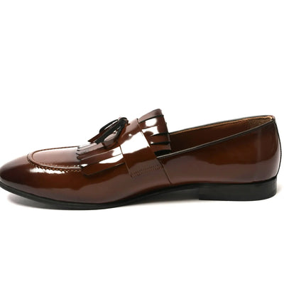 Lodevole Mens Kiltie Fringe Loafers Coffee Brown Left Side View