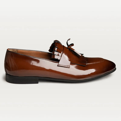 Lodevole Mens Kiltie Fringe Loafers Coffee Brown Right Side View