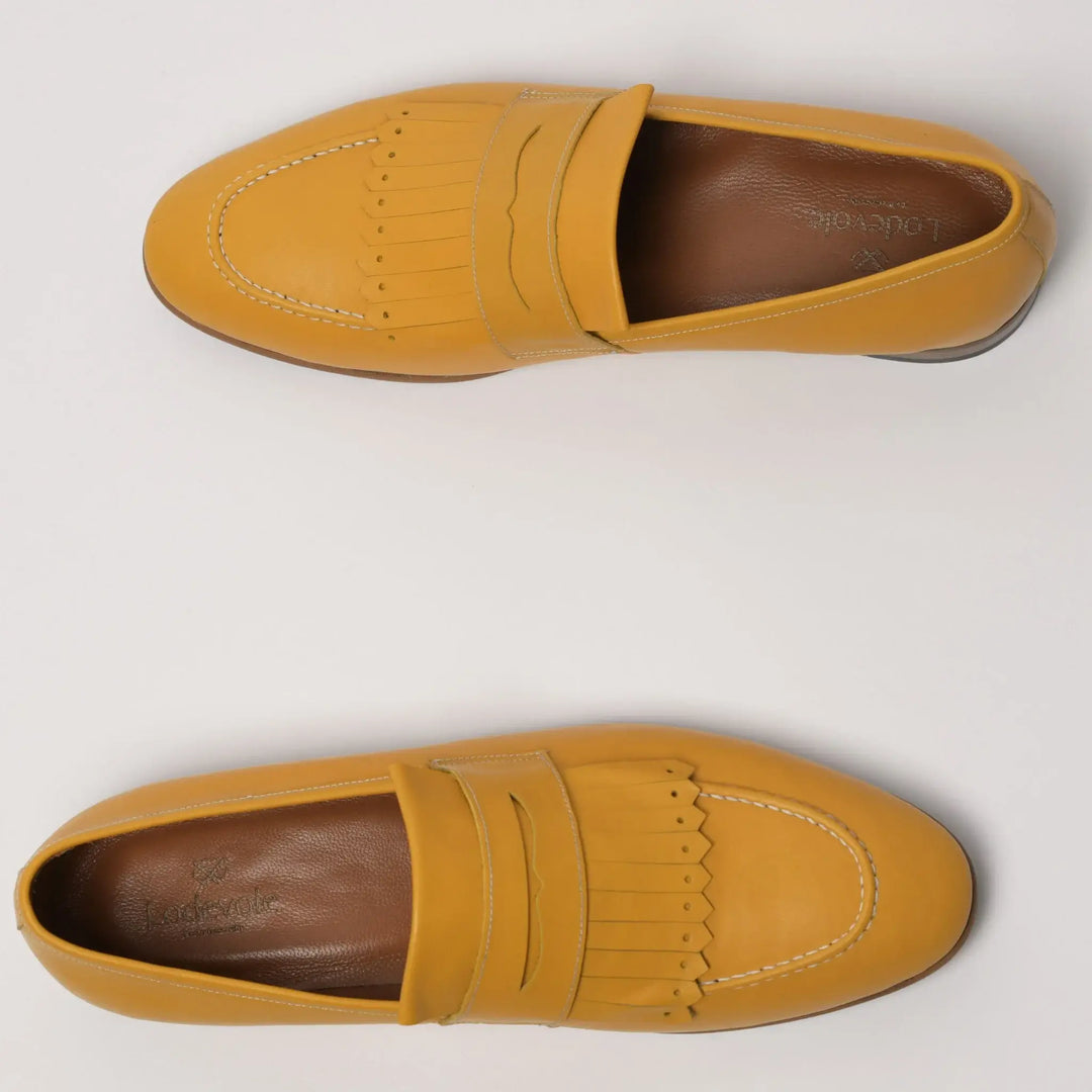 Lodevole Mens Kiltie Penny Loafers Mustard Yellow Above View