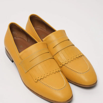 Lodevole Mens Kiltie Penny Loafers Mustard Yellow Front Isometric View