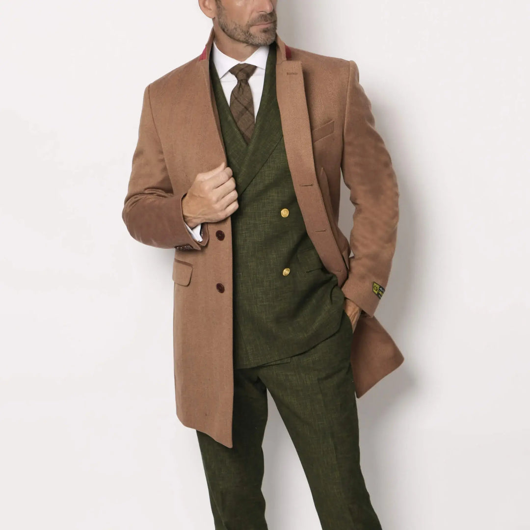 brown mens dress coat Mens Brown Long Overcoat with Faux Fur Collar Classic Winter Formal Coat Three Quarter Carcoat Wool and Cashmere Fabric Brown / Coat Size 58