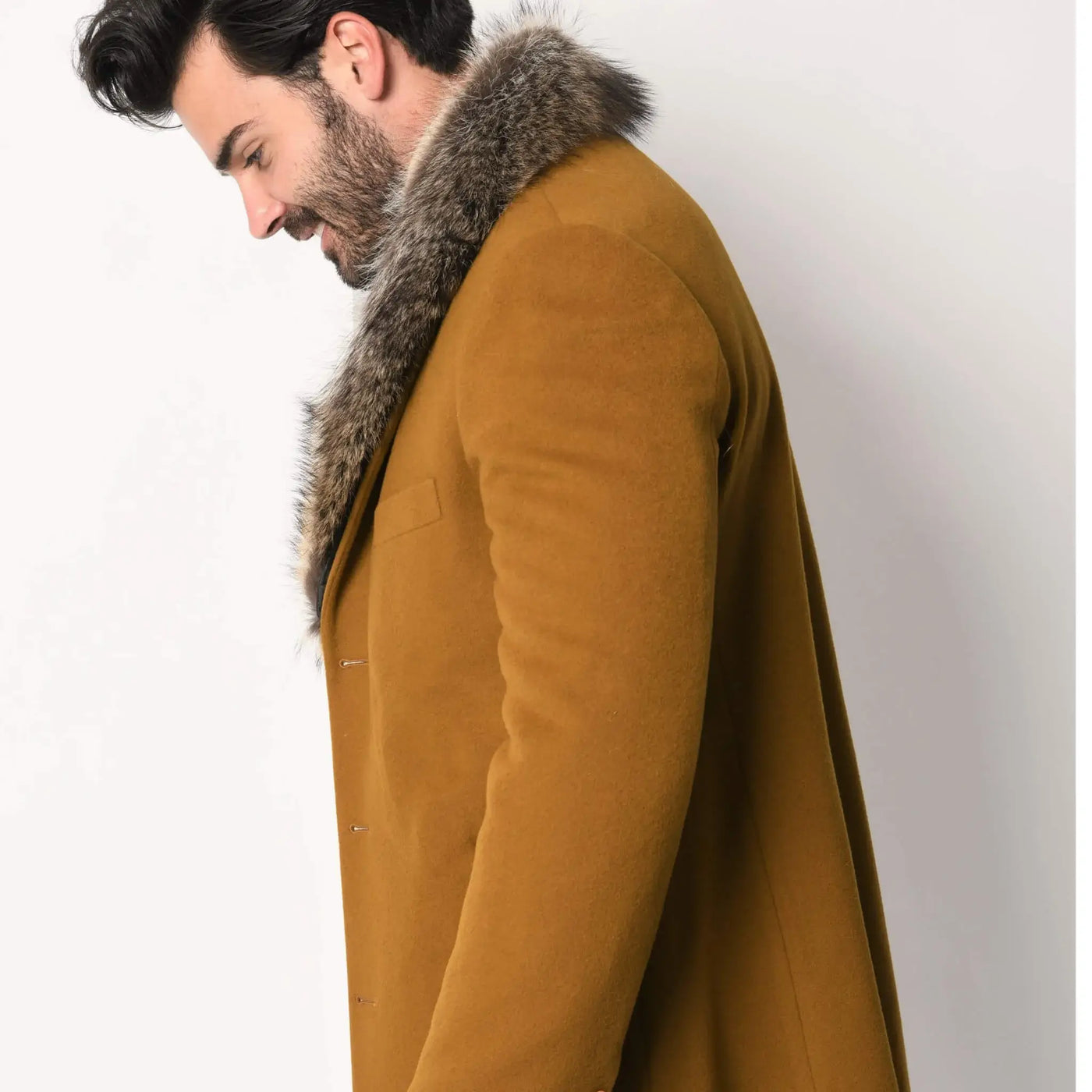 Mens camel coat deals with fur collar